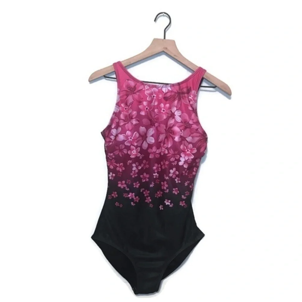 Aquamore Pink Flower Rain Scoop Neck One Piece Slimming Swimsuit size 8